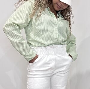 Talbots Green White Stripes Button Down Shirt Cotton Made In Portugal Fits M